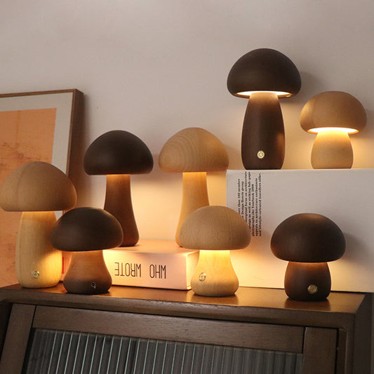 INS Wooden Cute Mushroom LED Night Light - Touch Switch Bedside Table Lamp for Bedroom