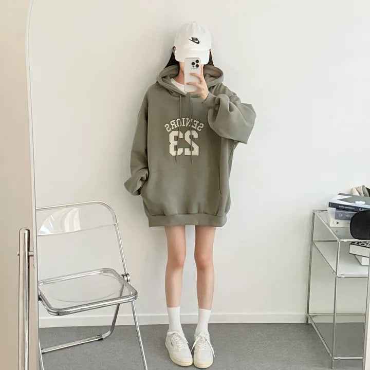 Hooded Embroidery Autumn And Winter Thin Velvet Padded Loose Lazy Style Sweatshirt