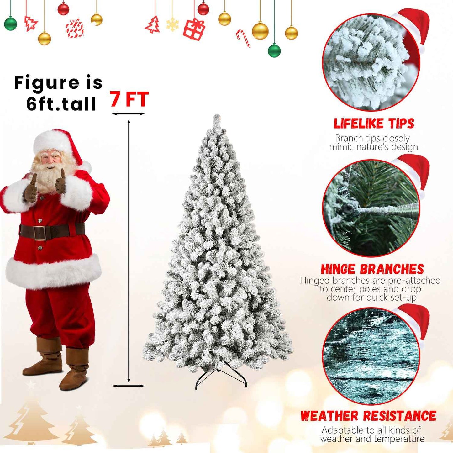 Pre-Lit Flocked Christmas Tree - 5ft-9ft Hinged Artificial Xmas Trees with Lights - DropOnline.co
