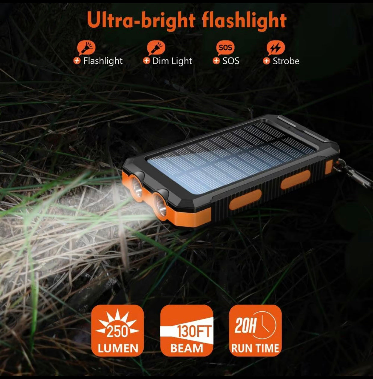 Solar Charger 8000mAh - Waterproof Portable Power Bank with LED Flashlight