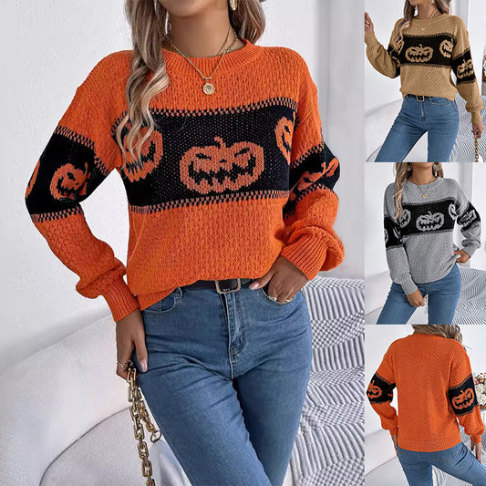 Halloween Pumpkin Pullover Sweater - Women's Long Sleeve Knitted Top