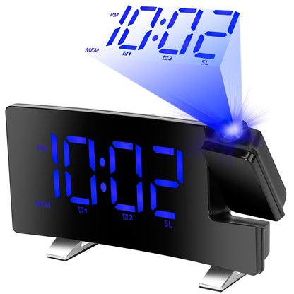 1Pc Projection Alarm Clock With Radio Function Curved Screen LED Digital Alarm Clock With Dual Alarms 4 Dimmer 12-24 Hour USB Charging Port 180Degree Rotatable Projection - DropOnline.co