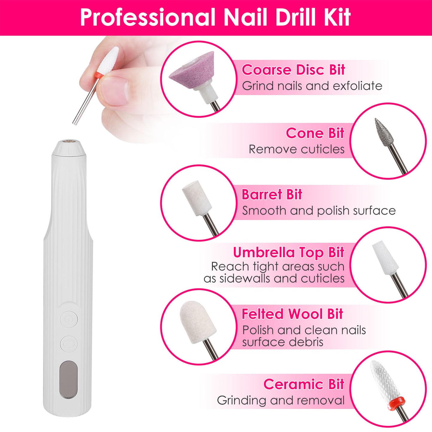 1Pc Portable Cordless Electric Nail Drill Kit Charging Base With UV Nail Dryer 6Pcs Nail Drill Bits 5Speeds Direction Control Timer Setting For Acrylic Gel Nails Polish Manicure Pedicure