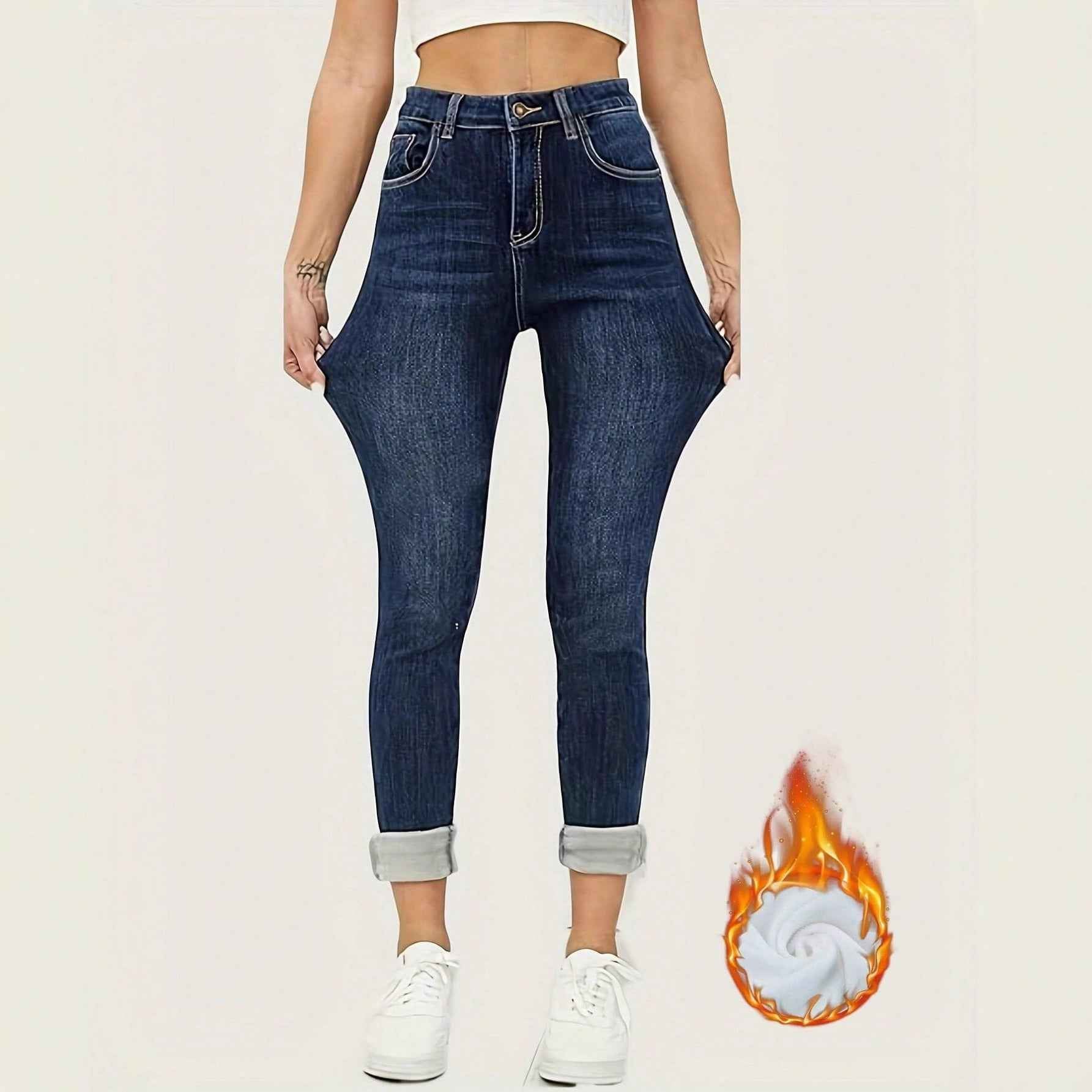 Women's Tight Casual All-matching Fleece Addition Denim Trousers