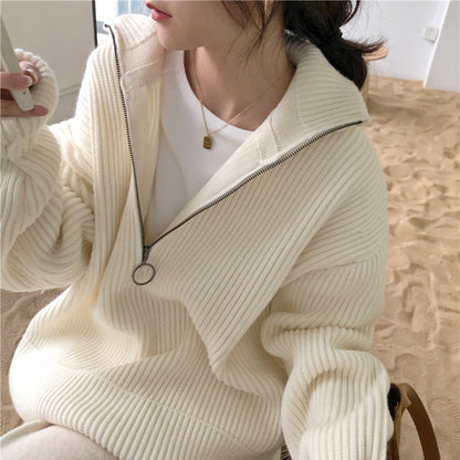 Loose French Style Large Lapel Zipper Sweater For Women