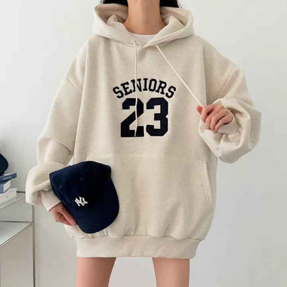 Hooded Embroidery Autumn And Winter Thin Velvet Padded Loose Lazy Style Sweatshirt