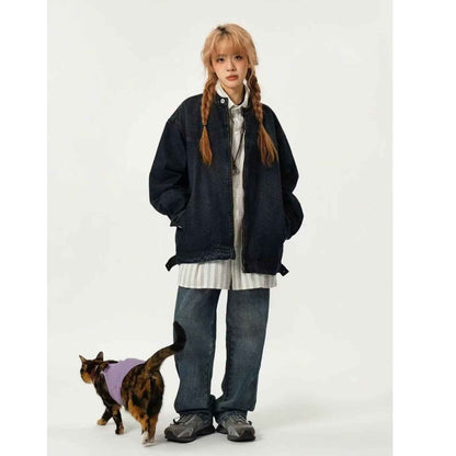 Women's Denim Jacket Spring And Autumn Style Washed Distressed Stand-collar Workwear