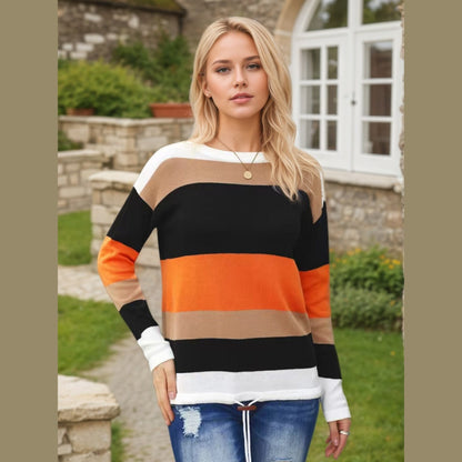 2025 Novel And Cute Style Round Neck Striped Women's Fashion Clothing Color Blocked Hoodie Autumn Sweater Women's Clothing - DropOnline.co