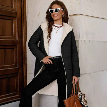 Solid Color Hooded Long Zip-up Cotton Coat