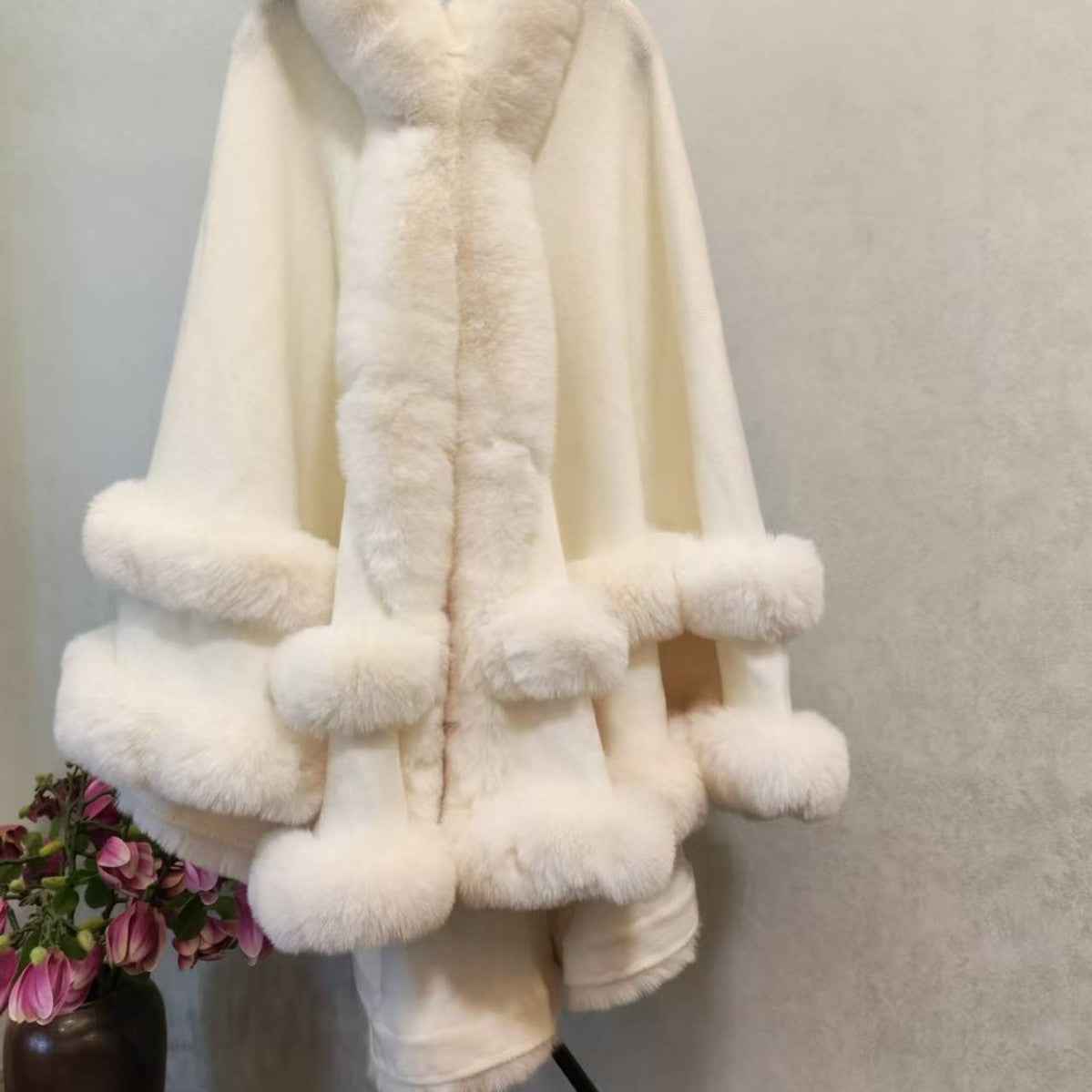 Loose Fur Collar Shawl, Cold-proof Fleece-lined Thick Coat