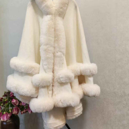 Loose Fur Collar Shawl, Cold-proof Fleece-lined Thick Coat