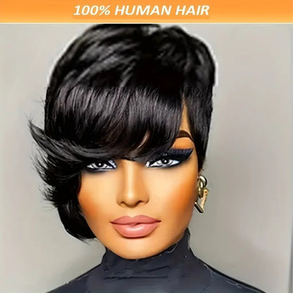 Straight Black Elegant 8 PixieCut Wig For Women -Glueless Human Hairwith Long Bangs, Everyday Style Wig L SleekShort Wig   Wig Accessories - DropOnline.co
