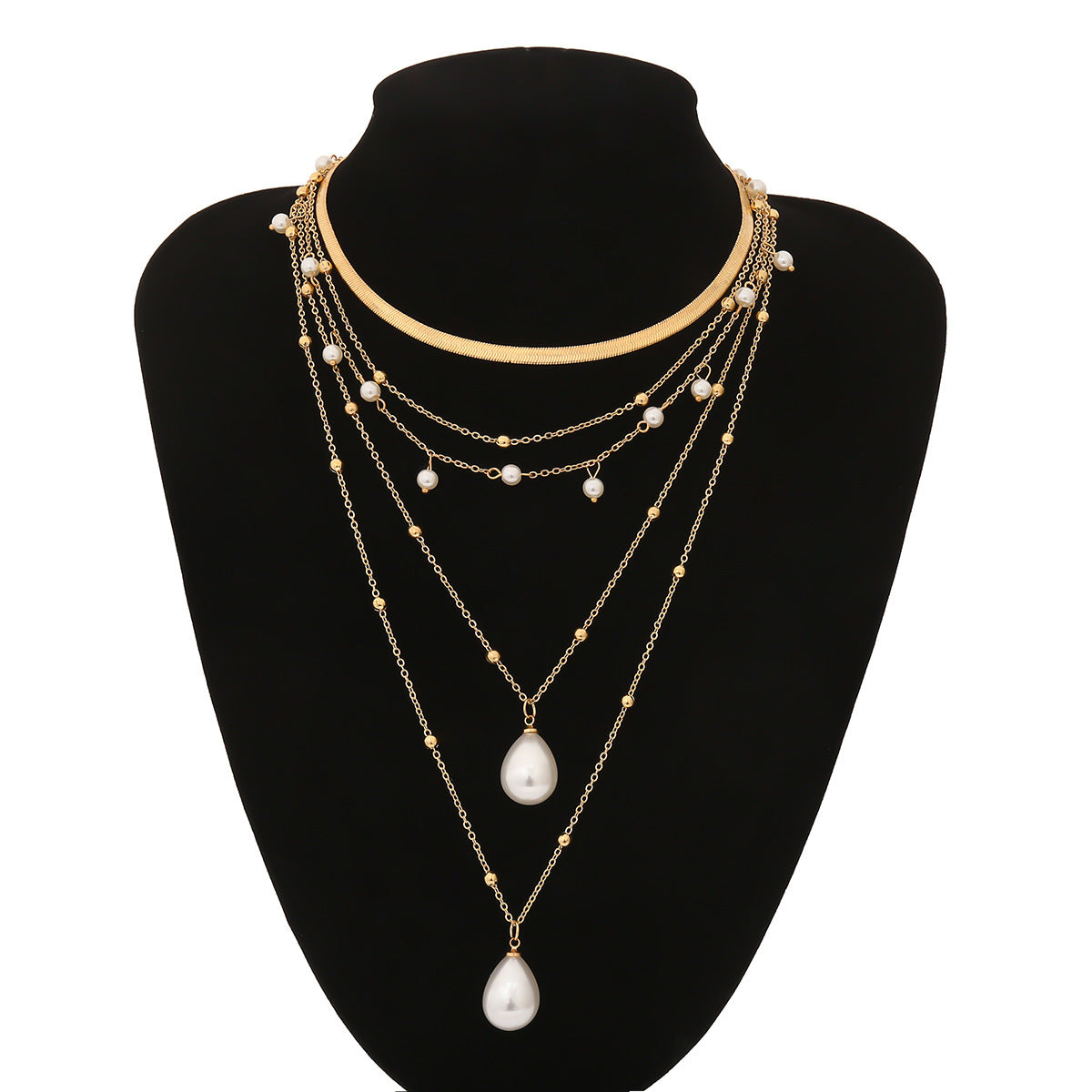 Multi-Layer Pearl Chain Necklace - Metal Chain Imitation Design