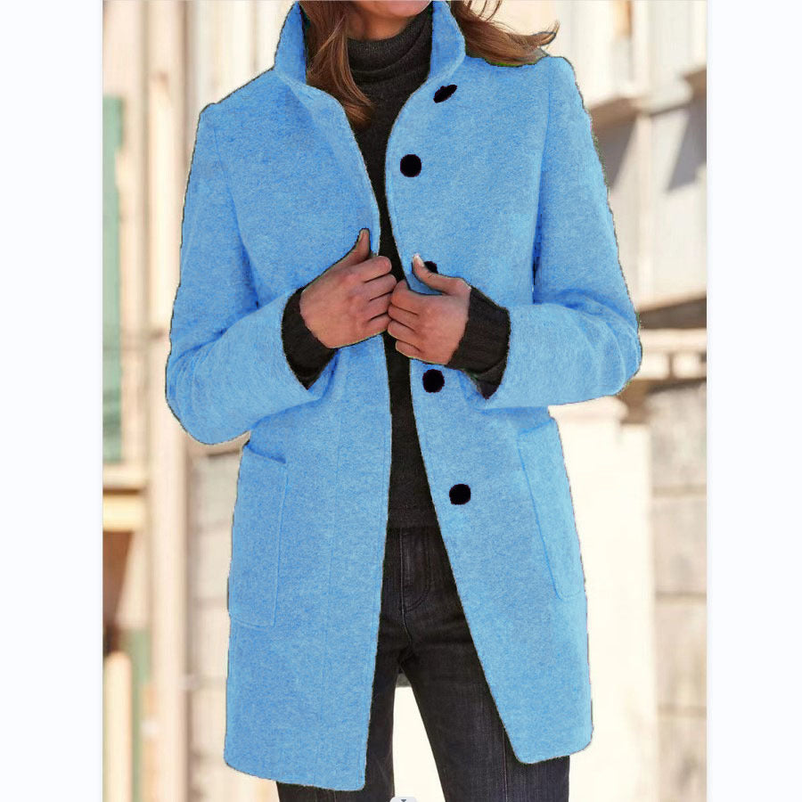 Pure Color Button Stand Collar Woolen Outwear