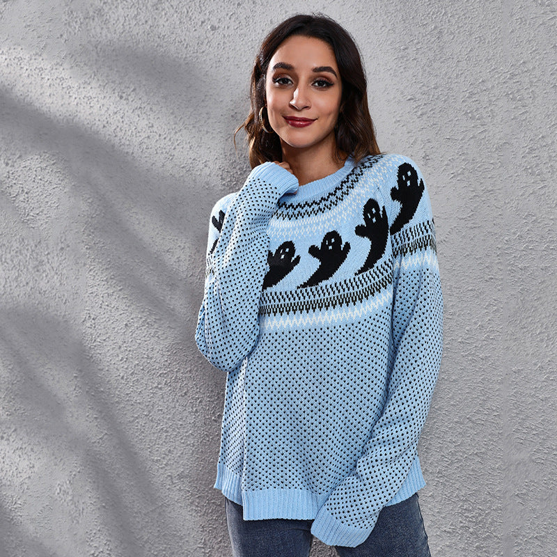Halloween Ghost Polka Dot Sweater - Women's Loose Knitted Top