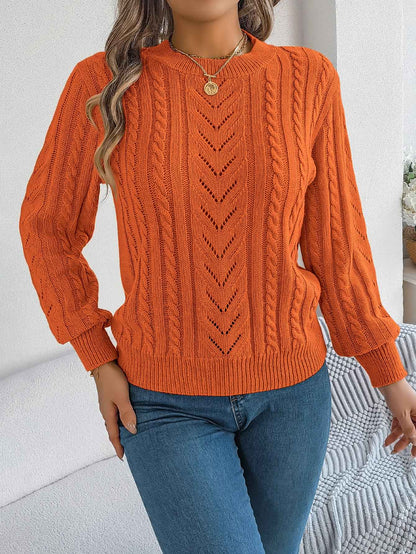 Women Casual Solid Color Hollow Out Lantern Sleeve Pullover Sweater