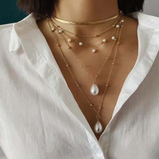 Multi-Layer Pearl Chain Necklace - Metal Chain Imitation Design
