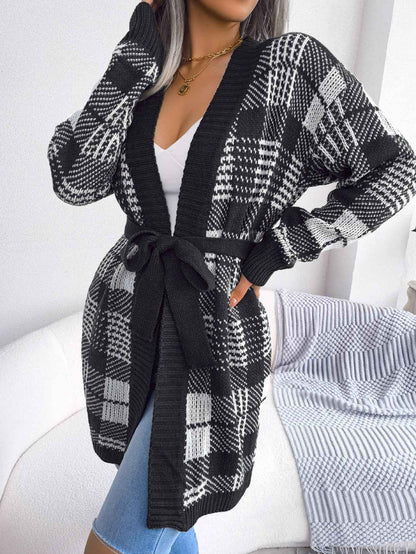Women Plaid Tie Lantern Sleeve Casual Cardigan Sweater