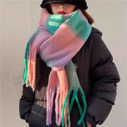 Women's Plaid Tassel Scarf - Rainbow Color-Blocking Shawl