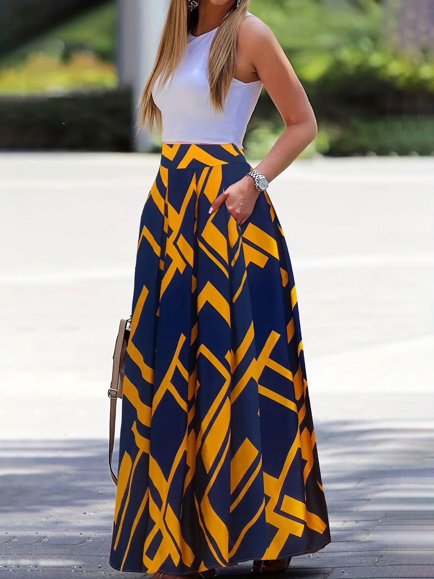 Women's High Waist Pleated Long Skirt - Elegant A-Line Design