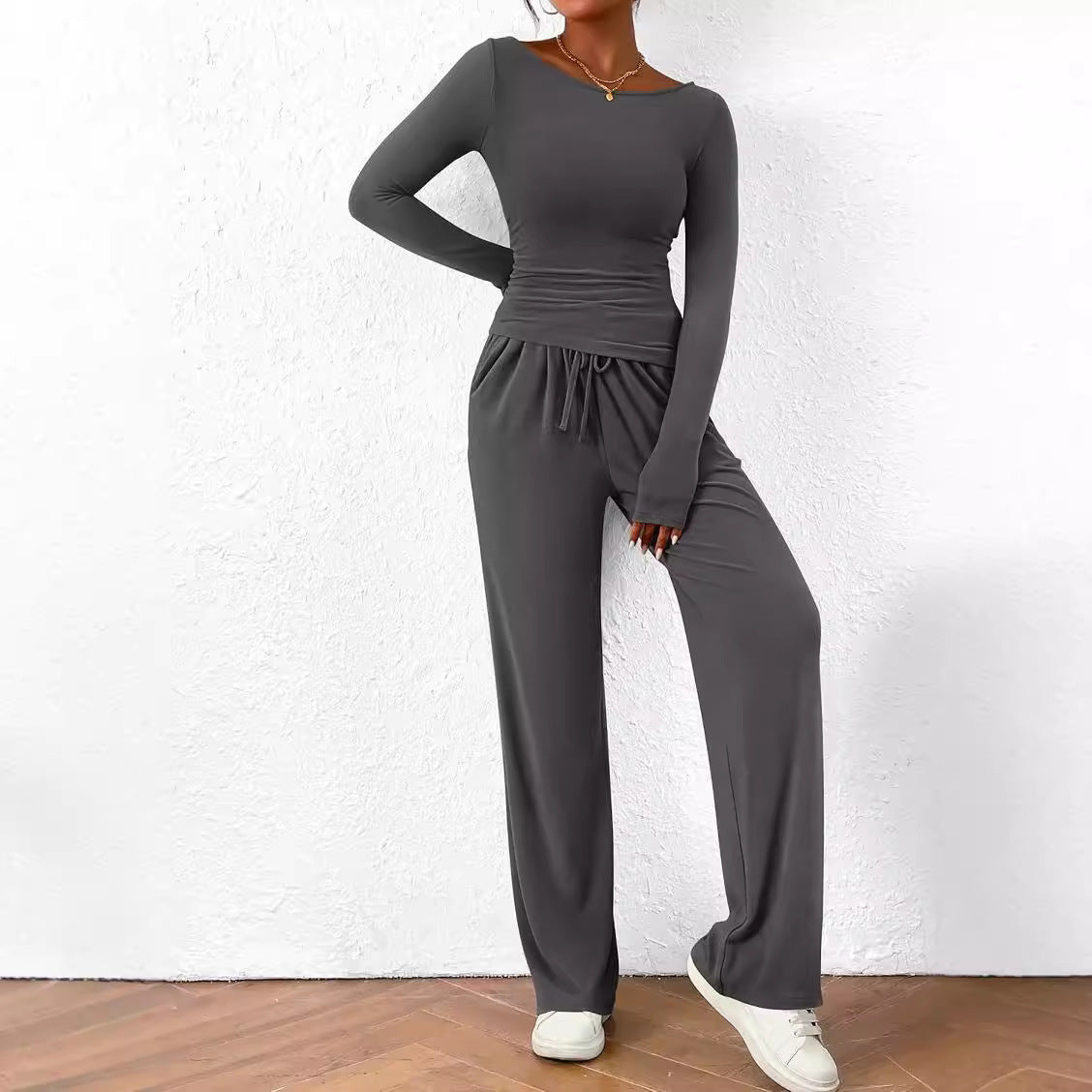 Women's Asymmetric Casual Set - Long Sleeve Top & Wide Leg Pants