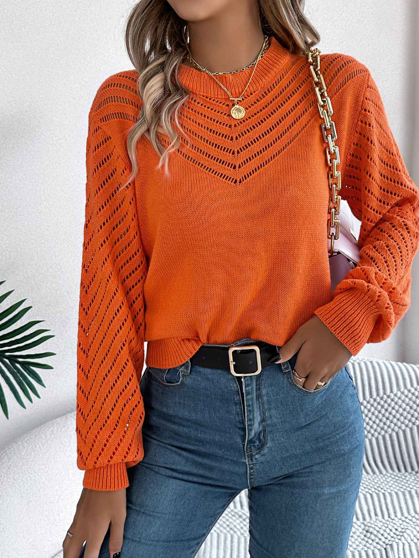 Women Casual Solid Color Crew Neck Hollow Out Lantern Sleeve Sweater