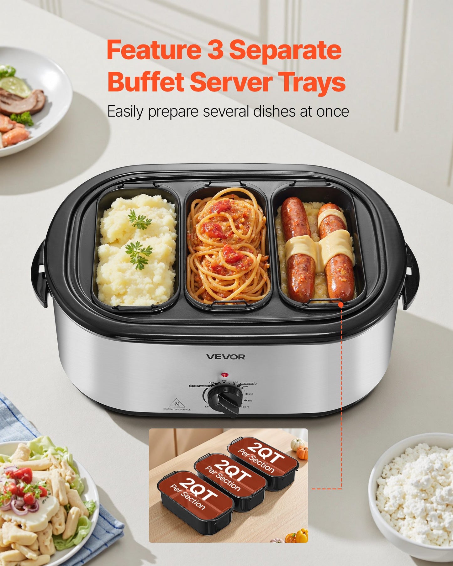 Electric Roaster Oven 24QT Electric Roasting Pan With 3 Bin Buffet Server