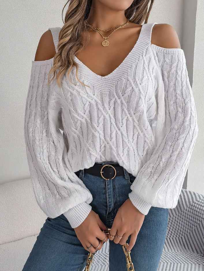 Women Casual Solid Color Cable Knit Off-Shoulder Lantern Sleeve Sweater