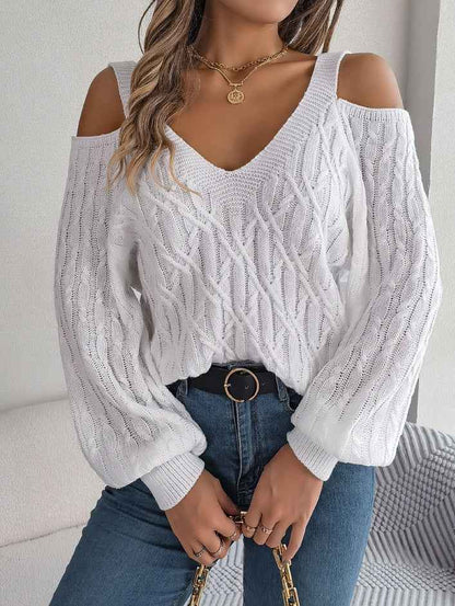 Women Casual Solid Color Cable Knit Off-Shoulder Lantern Sleeve Sweater