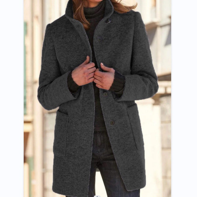 Pure Color Button Stand Collar Woolen Outwear