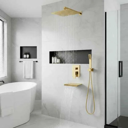 Rain Shower System Brushed Gold Tub Shower Faucet Set 10 Inch Square Rainfall Shower Head With Handheld Sprayer And Waterfall Tub Spout[Unable Ship Weekends, TK/TEMU Only For Pickup]