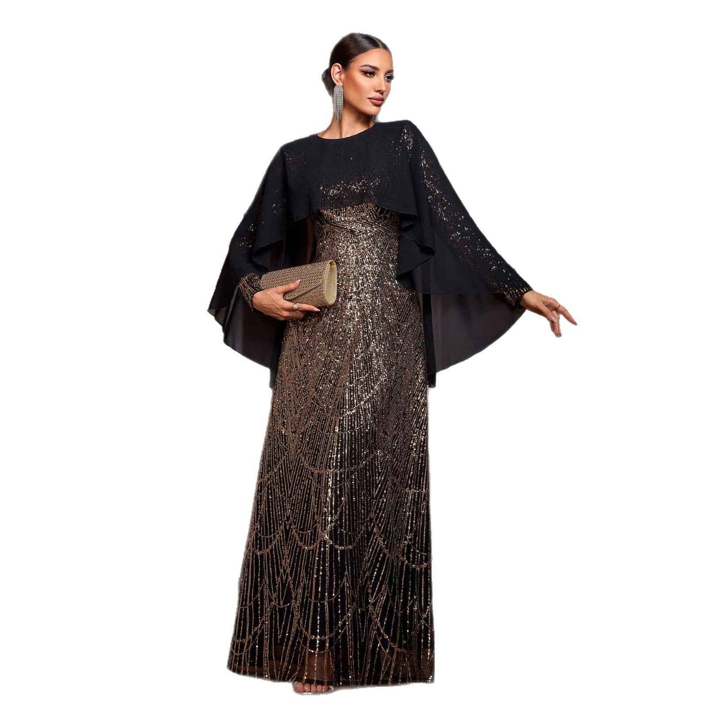 Elegant Long Sleeve Round Neck Shawl Banquet Sequined A- Line Evening Dress