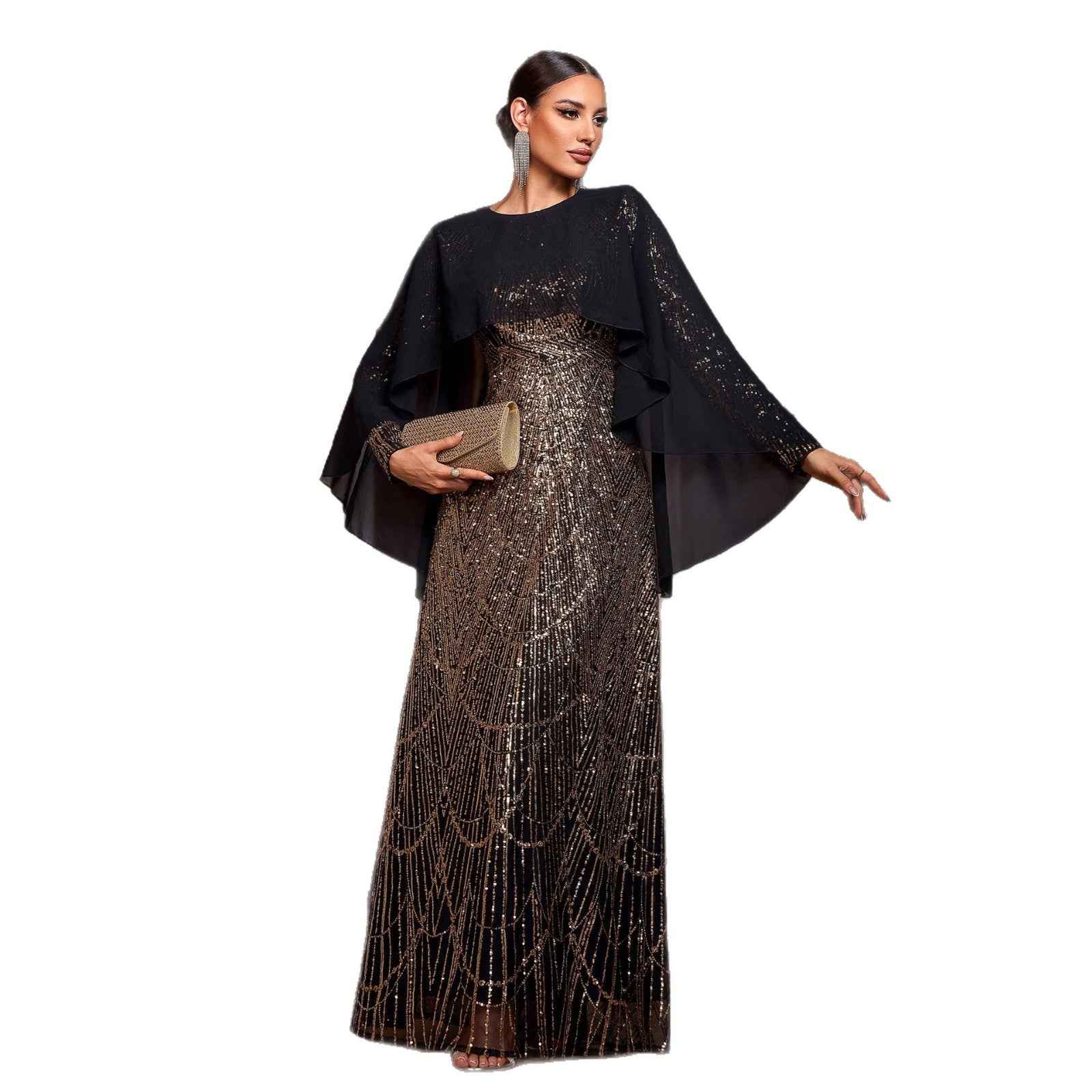 Elegant Long Sleeve Round Neck Shawl Banquet Sequined A- Line Evening Dress