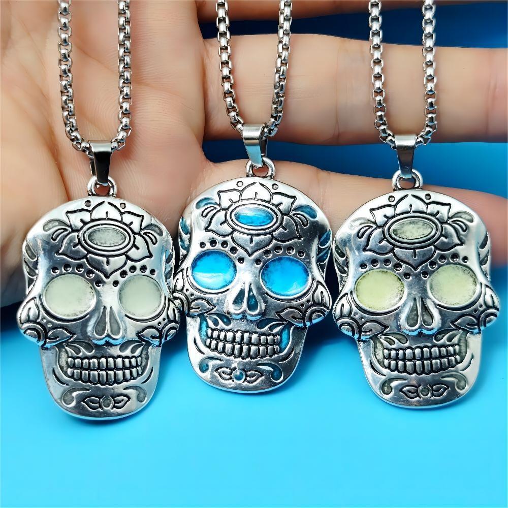 Halloween Luminous Skull Necklace - Day of the Dead Lotus Pattern