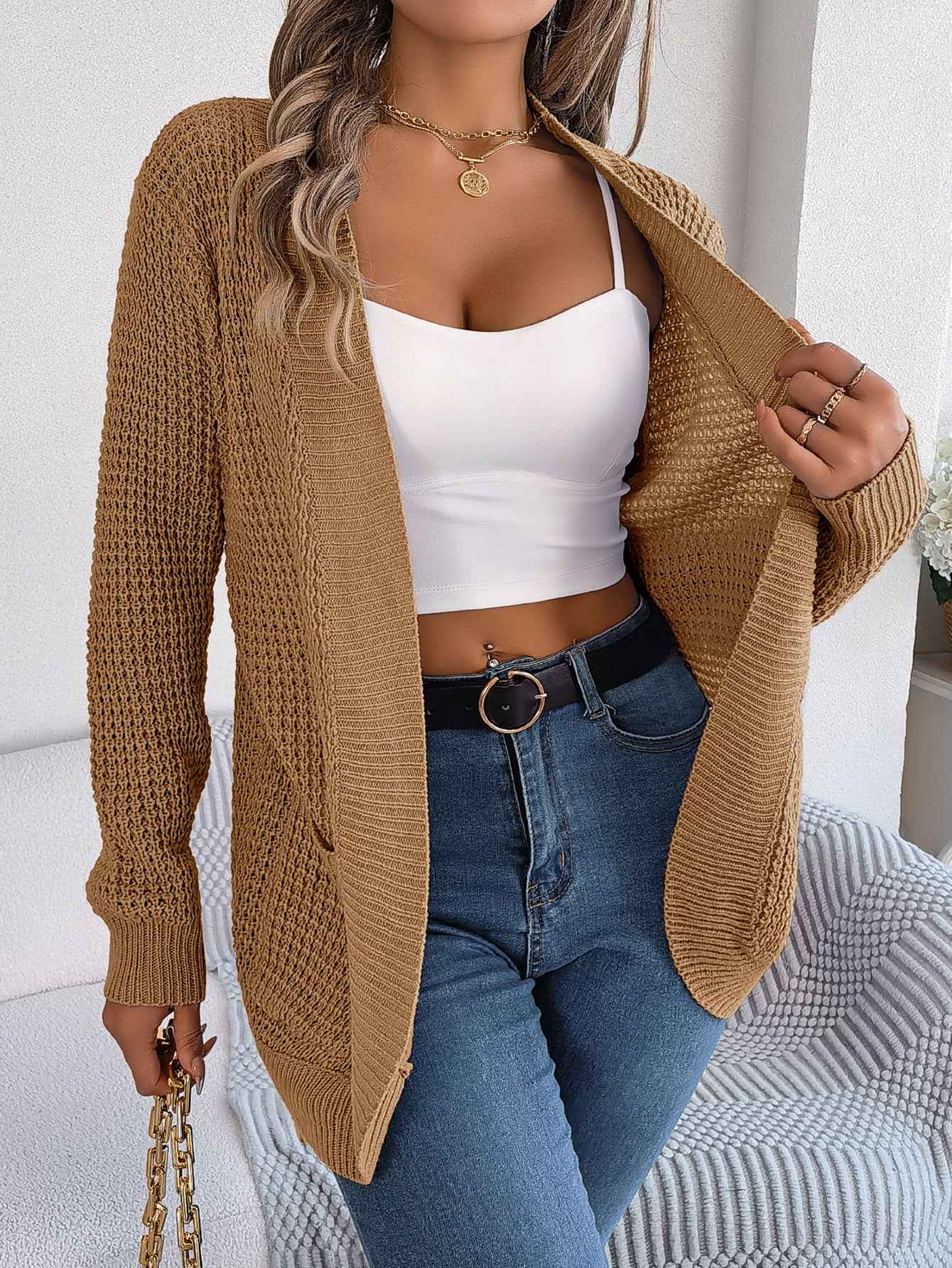 Women Casual Pocket Long Sleeve Knit Cardigan Sweater