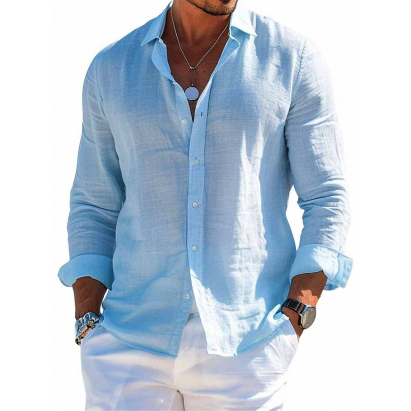 Men's Long Sleeve Casual Loose Lapel Button Shirt - Solid Color Plus Size Top