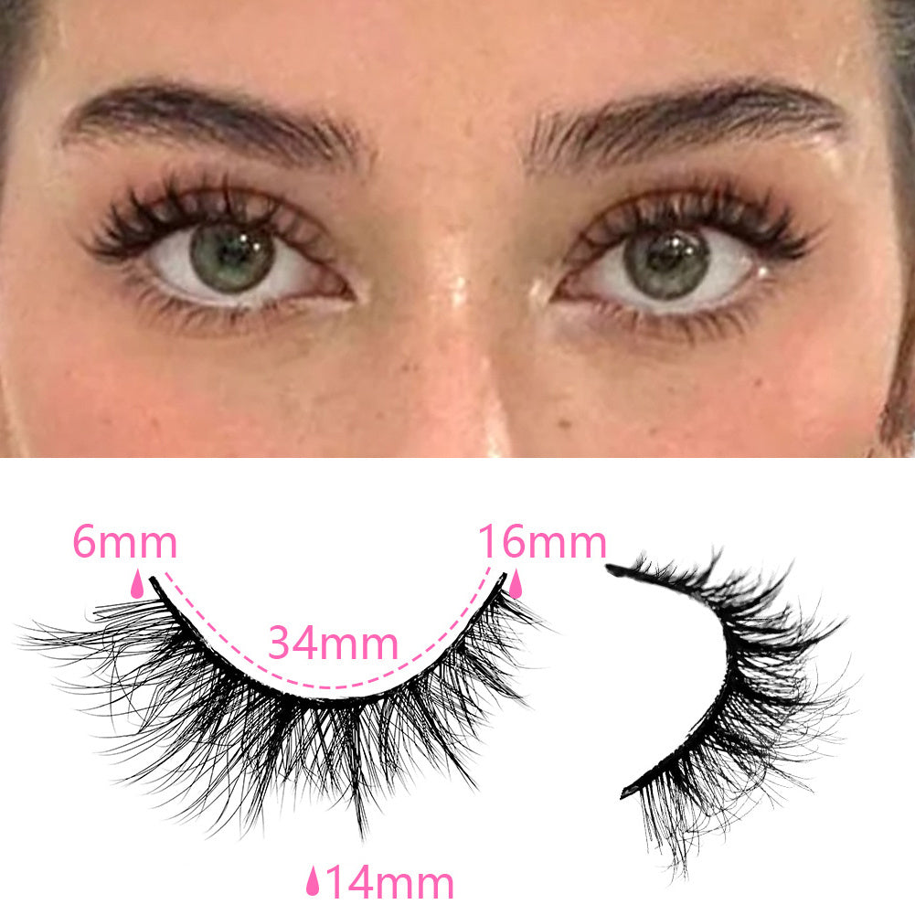 Close-up of eyes with 3D false eyelashes, multi-layered, soft and comfortable; lash lengths range 6mm–16mm.