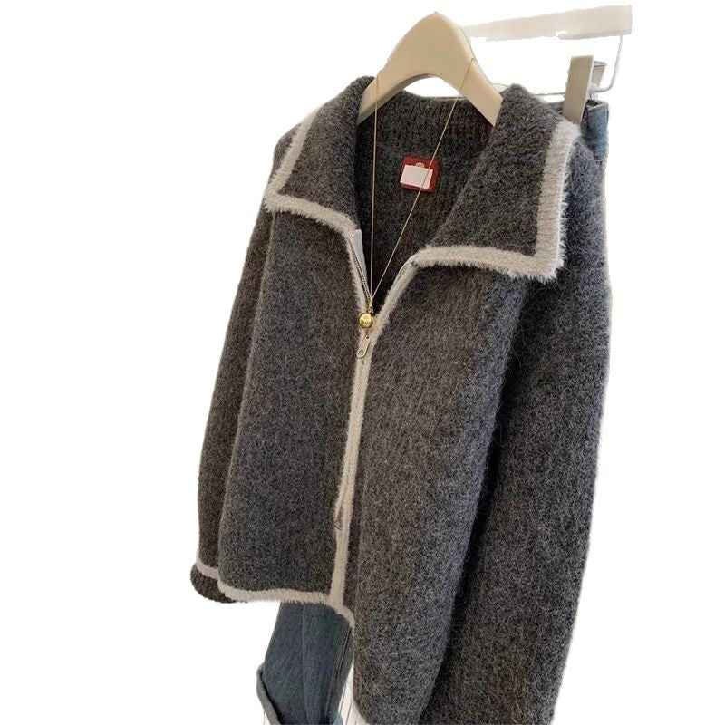 Gray Raccoon Fur Collar Coat Sweater