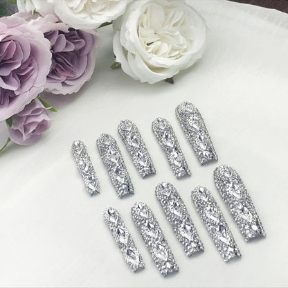 GGddsha Queen Of Haute Style Full Diamond Long NailsPMMA Acrylic Handmade Full Deluxe 3D Crystal Fake Nailsw Box, Gift For Women,Luxe Divinity - DropOnline.co