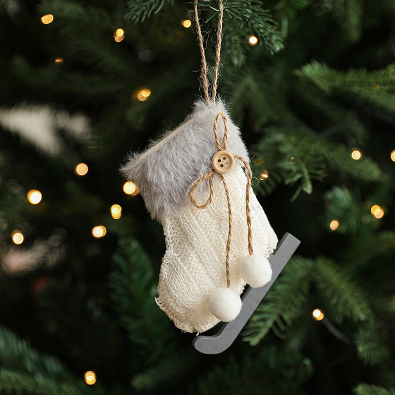 White Plush Christmas Ornaments - Wool Sled & Knitted Gloves Tree Pendant Decorations