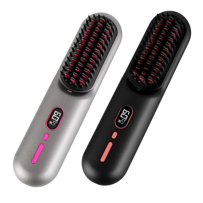 Grey-Black Options -- 1Pc Cordless Negative Ion Hair Straightener Brush Rechargeable Mini Styling Comb With 12 Heating Levels Anti-scald 30S Preheating 30Mins Auto Sleep LCD Display - DropOnline.co