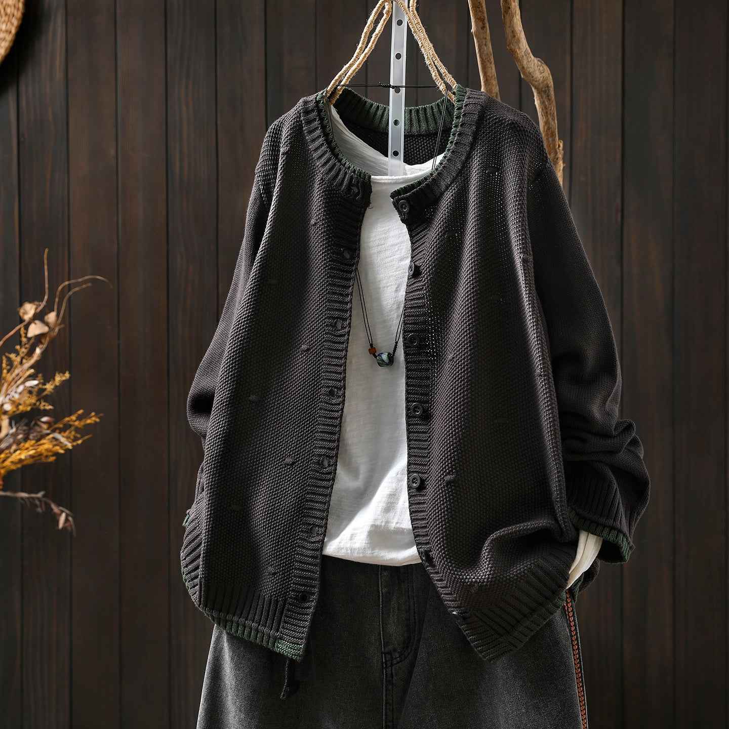 Women's Cardigan Sweater Coat Color Block Cotton Thread Knitting Retro Casual