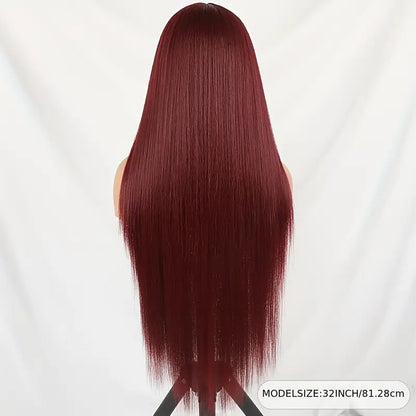 High Temperature Resistant Burgundy Long Straight Lace Non-toxic Wig, Pre-dial Hairline, Non-adhesive, Heat-resistant Synthetic Fiber, - DropOnline.co
