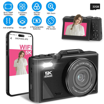 1Pc 5K 75MP Digital Camera For Photography Anti Shake WiFi Vlogging Video Camera With 9 Shooting Modes 18X Zoom Fill Light Webcam Function 2 Batteries 32G MMC Card 180Degree Flip IPS Screen - DropOnline.co