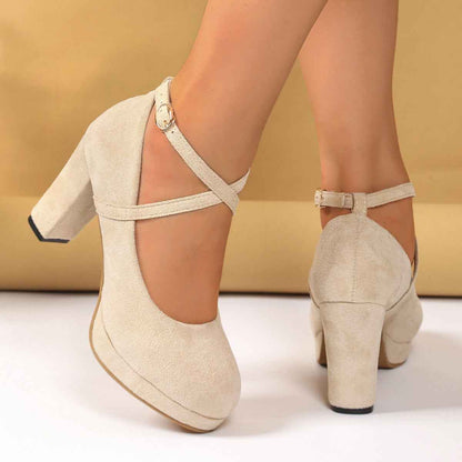 Shallow High-heel Chunky Heel Suede Cross-strap Women's Shoes