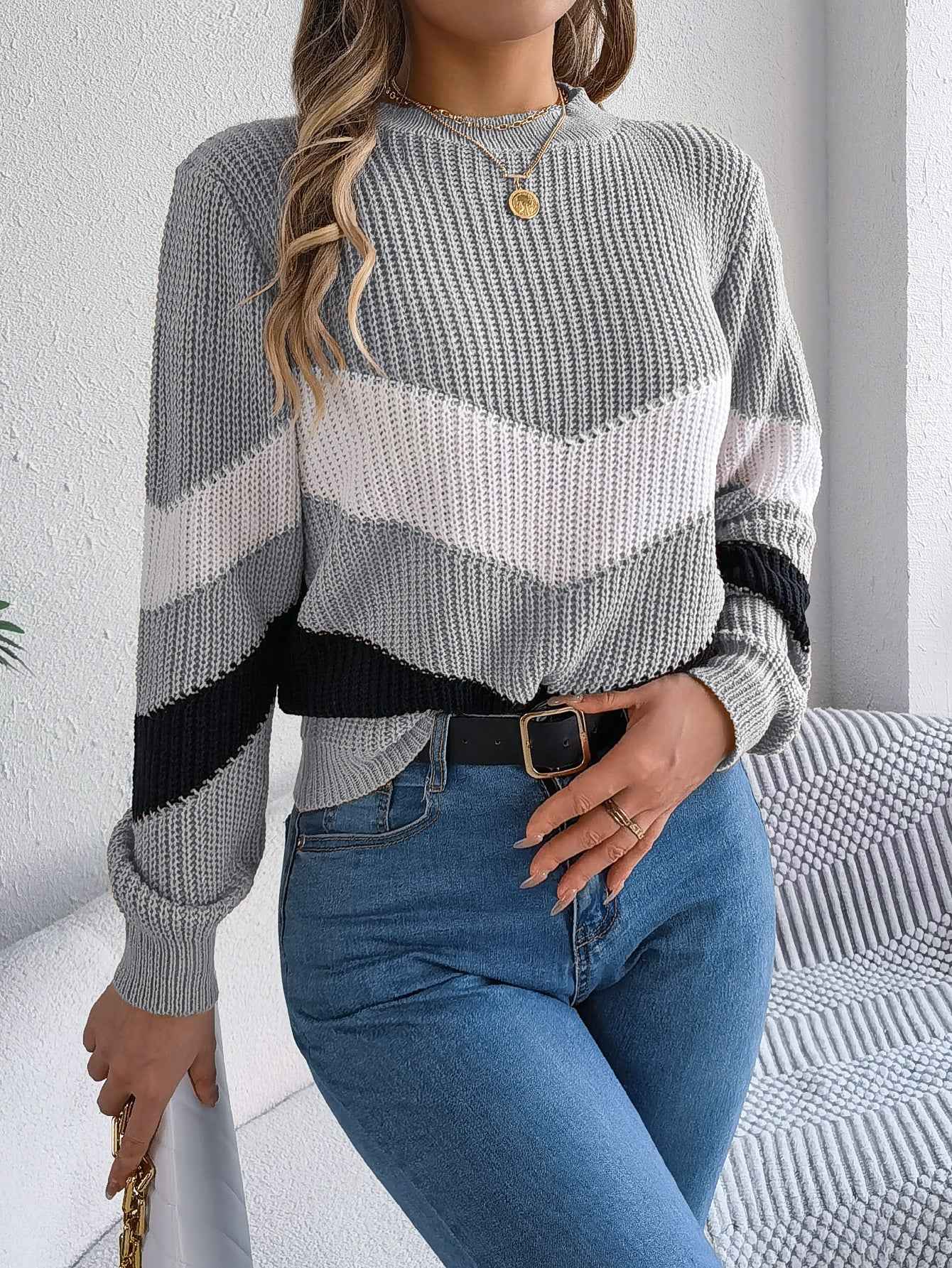 Women Casual Color Block Lantern Sleeve Pullover Sweater