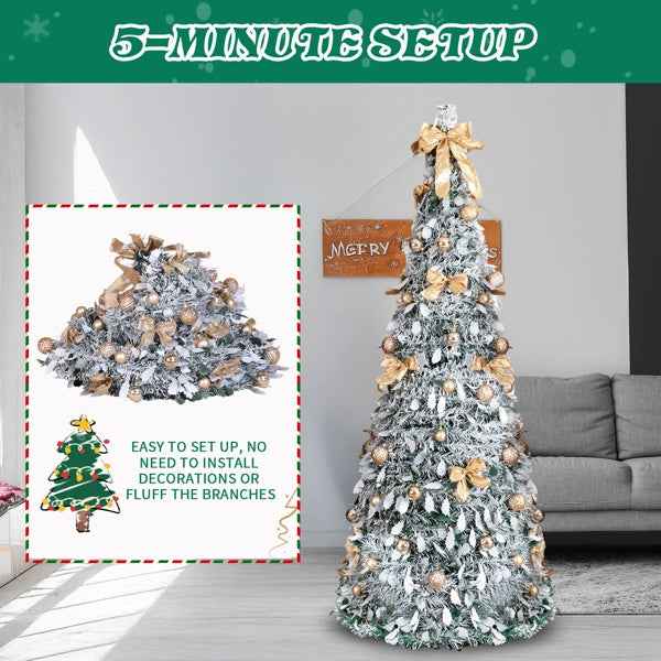 6 FT Snow Flocked Pre-lit Pop Up Christmas Tree with 100 Warm Lights & Ornaments