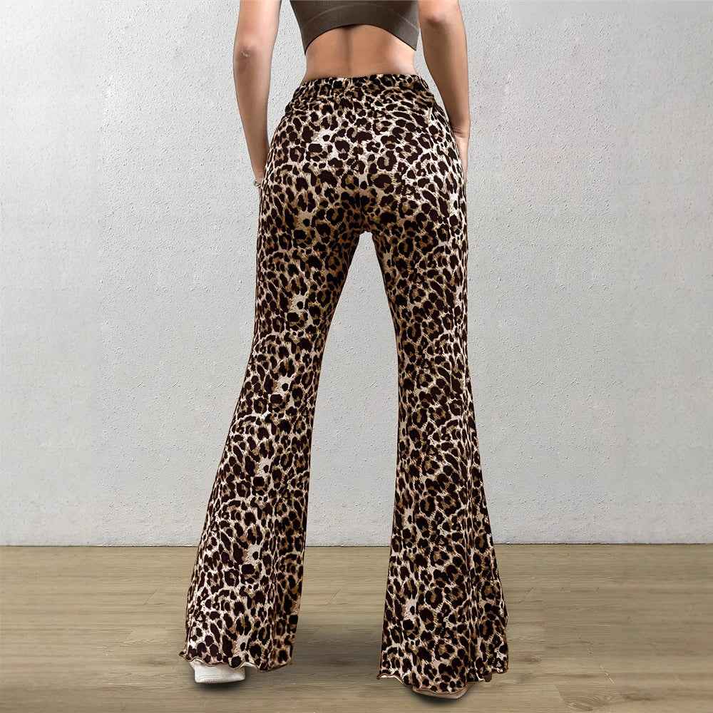 Casual Sexy Knitted Stretch Elastic Leopard Print Flared Pants