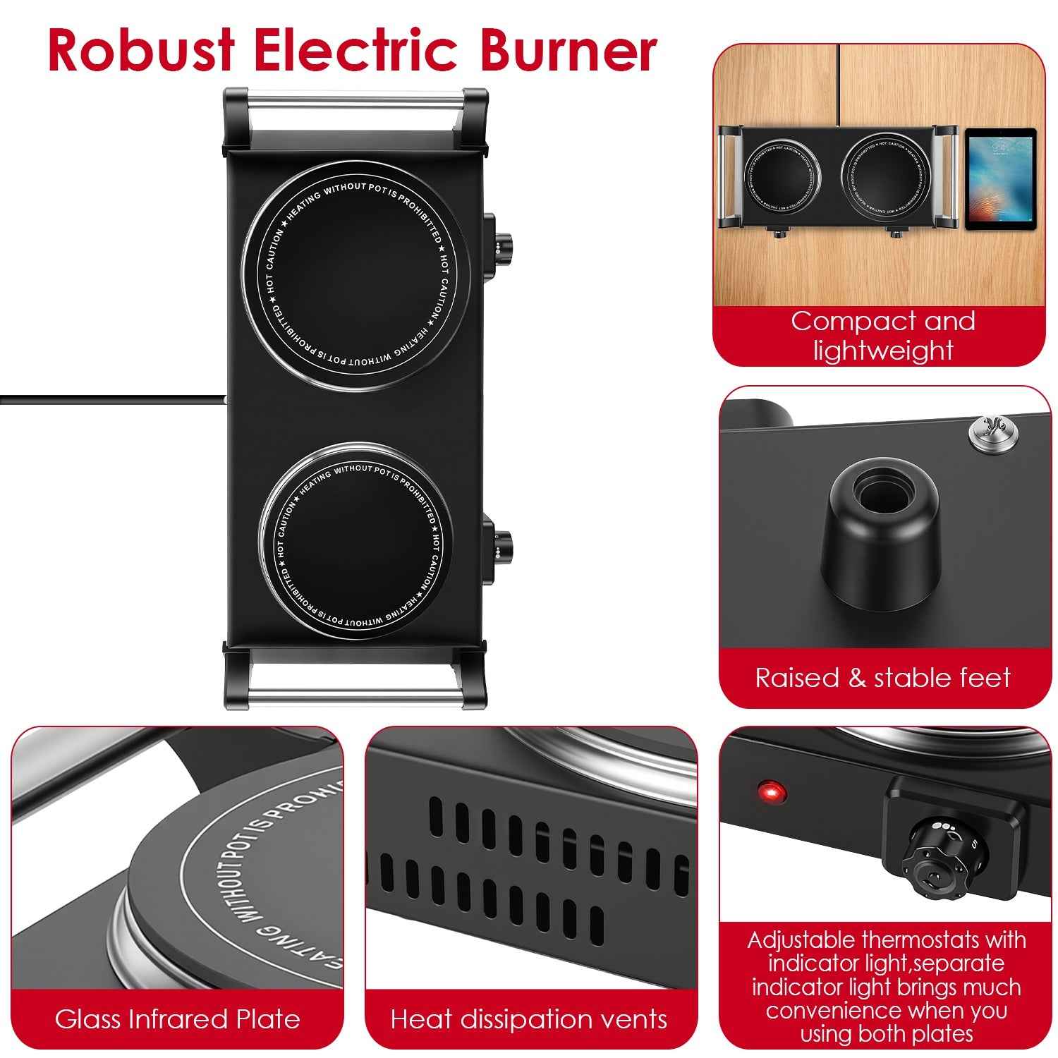 1800W Electric Double Burner Portable Heating Hot Plate Stove Countertop RV Hotplate With 5 Temperature Stepless Adjustments Portable Handles