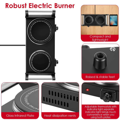 1800W Electric Double Burner Portable Heating Hot Plate Stove Countertop RV Hotplate With 5 Temperature Stepless Adjustments Portable Handles